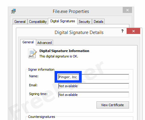 Screenshot of the Pinger, Inc certificate
